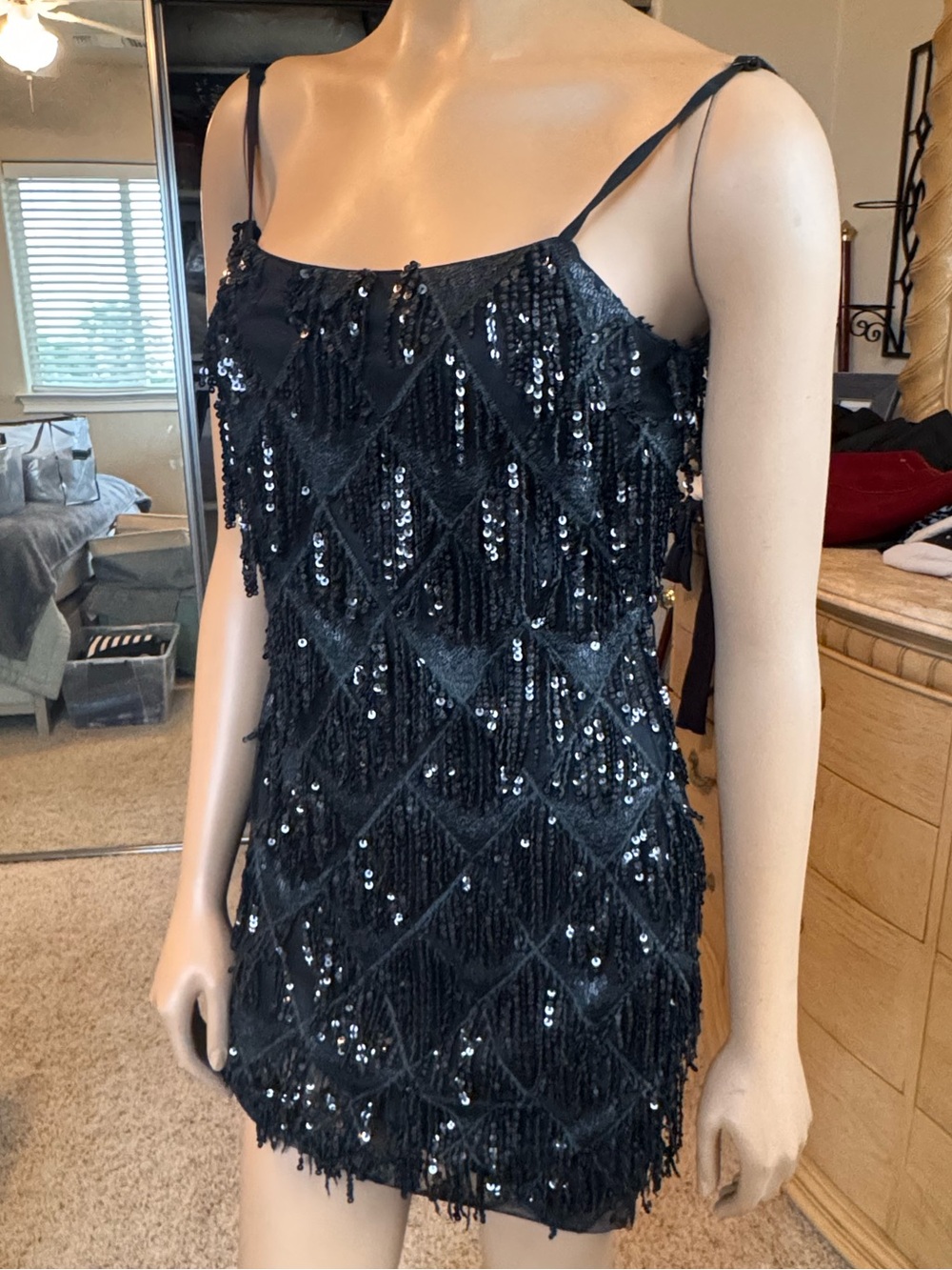 Just Me Black Sequin Fringe Mini Dress